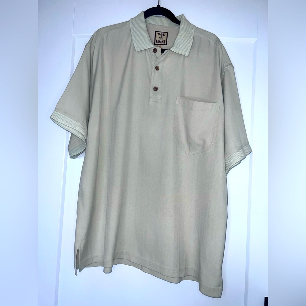 TOMMY BAHAMA silk cream polo shirt with pocket, ribbed collar & cuff, men’s Lg
